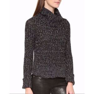 FREE PEOPLE Black White Marled Cable Knit Cropped Turtleneck Sweater Size Large